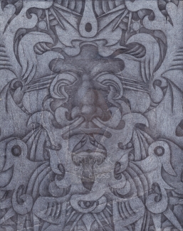 The "bloodsuck" variant of the traditional Green Man image, with abstract patterns in the place of foliage